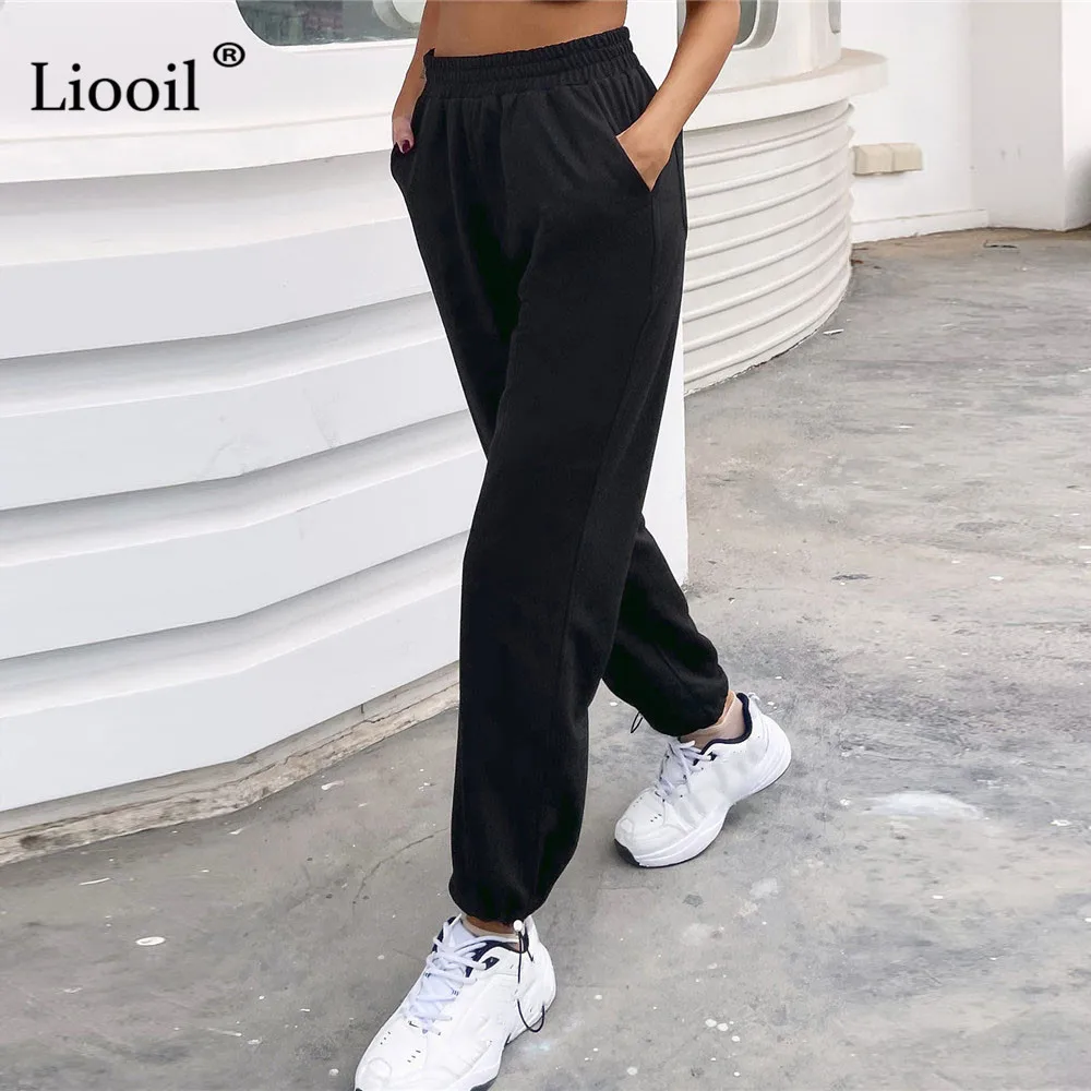 

Liooil Black Gray High Waist Straight Sweatpants Sexy Trousers Streetwear Pockets Casual Loose Joggers Female Baggy Long Pants