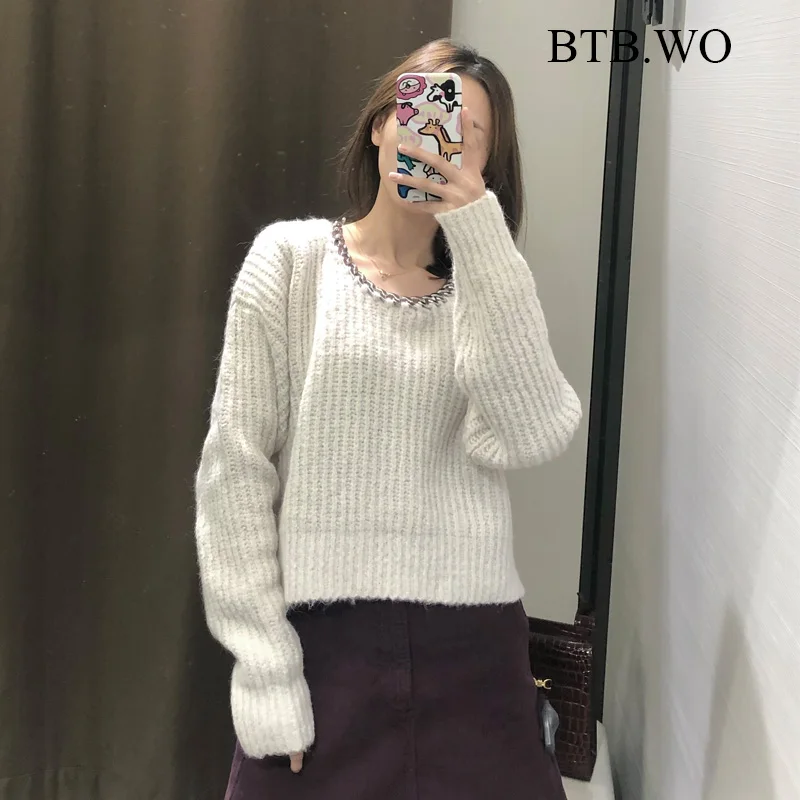 

BTB.WO Za Sweater Women Solid Color Chain Inlay Cropped Knitted Sweater Female Autumn Winter Long Sleeve Pullover Jumper