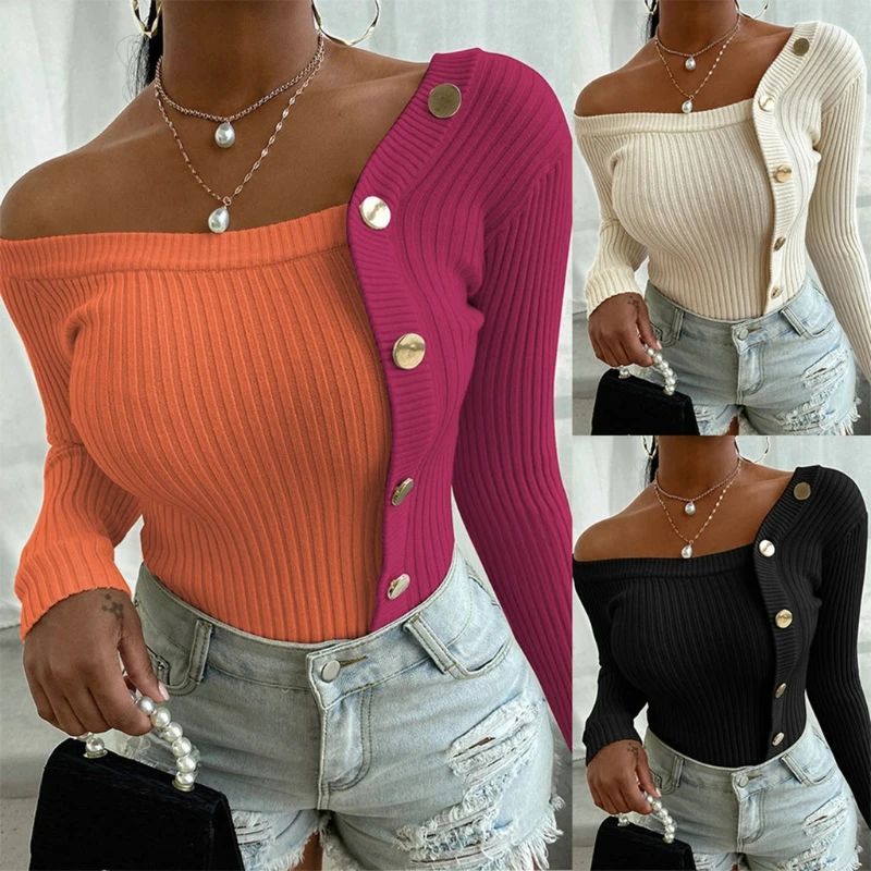 

KLV New Women Long Sleeve Bodycon Sweater Sexy Off Shoulder Button Decor Pullover Top Contrast Color Slim Kniwear Jumper Shirt