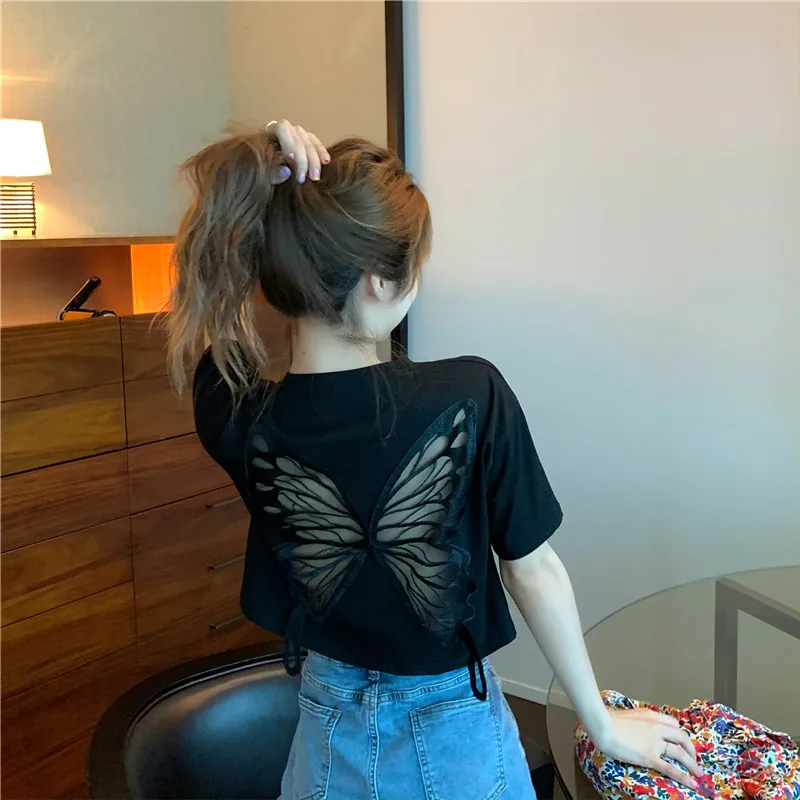 

2021 Summer New T-shirt Short Sexy Back Hollow Butterfly Short-sleeved T-shirt Top Women
