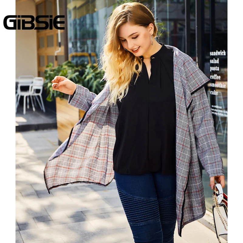 GIBSIE новинка 2020 весенний модный клетчатый Тренч Женское пальто плюс размер v
