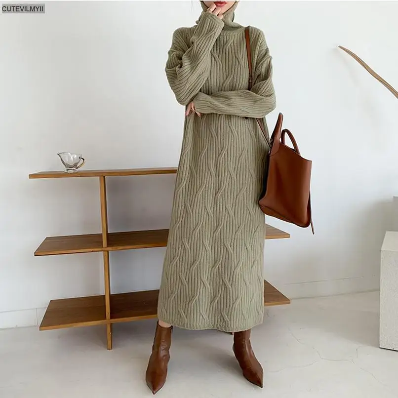 

Женское вязаное платье-джемпер, длинный теплый Свободный Прямой свитер из плотной вязки с высоким воротником, стрейч, 2021