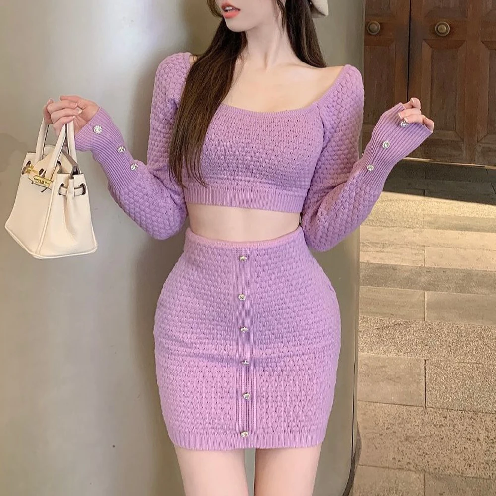 

Sweater Sexy Crop Top Knitted Suits Women Two Piece Set Slim Bodycon Mini Skirt Suit 2021 Autumn Winter Ropa Mujer Fashion Femme
