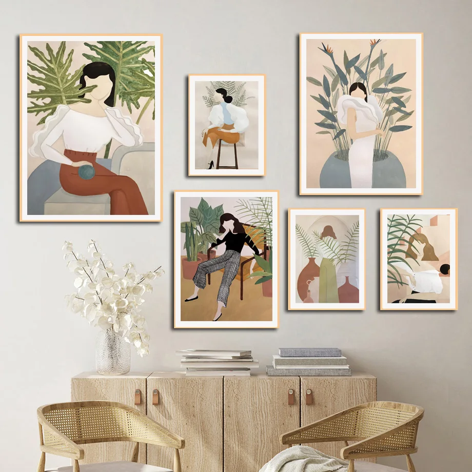 

Abstract Fashion Girl Potted Leaf Plant Nordic Posters And Prints Modern Wall Art Canvas Painting Decor Pictures For Living Room