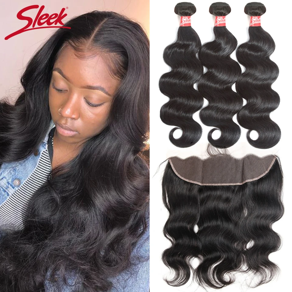 

Sleek Brazilian Bundles With Frontal Body Wave Lace Frontal With Bundles 8-28 Non-Remy Human Hair Weave 3 Bundles With Closure