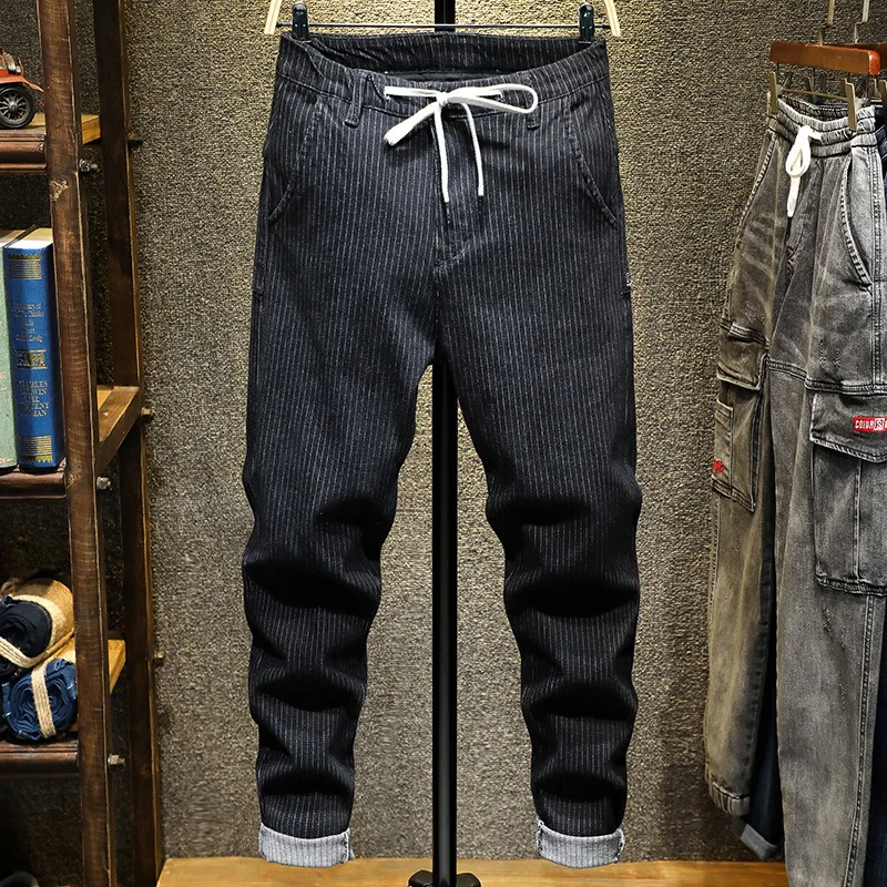 Джинсы для мужчин деним на завязках в полоску четыре сезона свободные с длинным