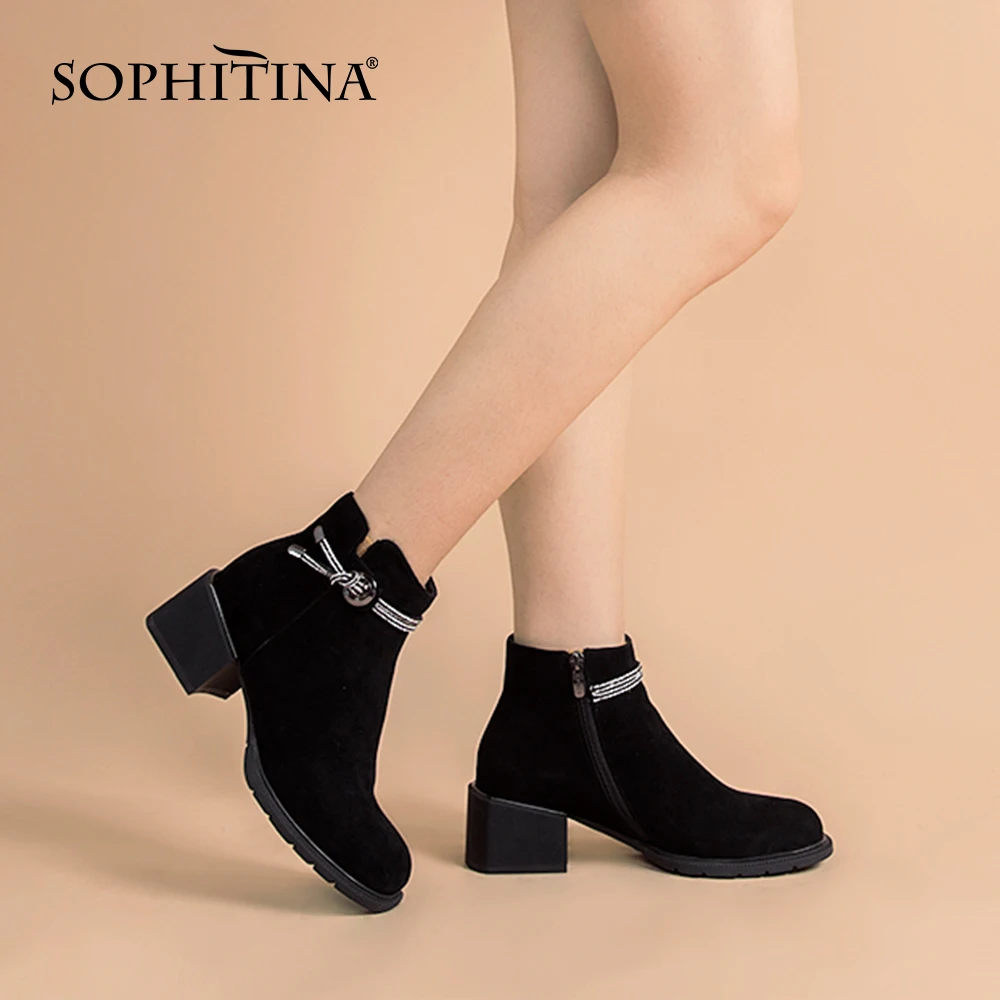 

SOPHITINA Casual Ankle Boots Office Lady Stable Square Heel Round Toe Zipper Boots Bling Bling Strap Spring/Autumn Shoes K290