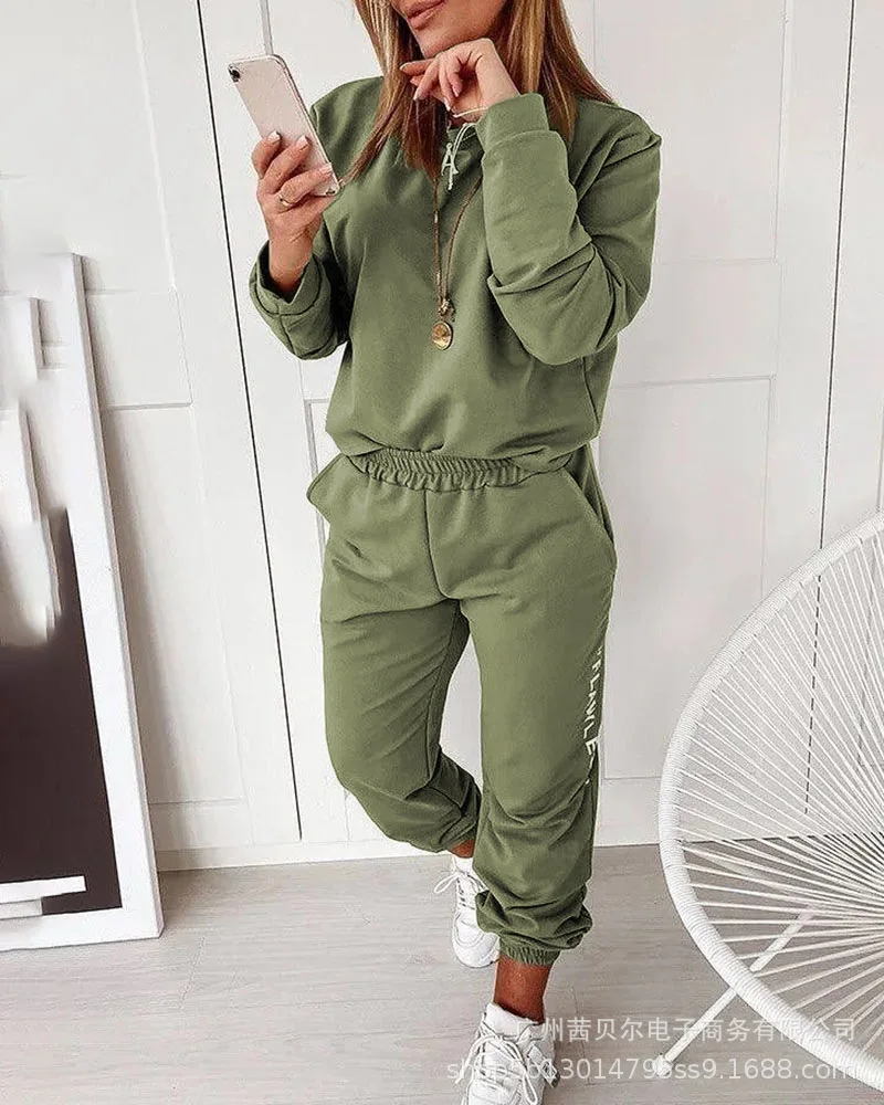 

2021 Autumn Fashion O Neck Tops + Drawstring Trousers Casual Green Women Suit