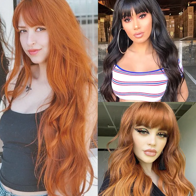 Длинные оранжевые фиолетовые коричневые черные золотые женские парики с челкой