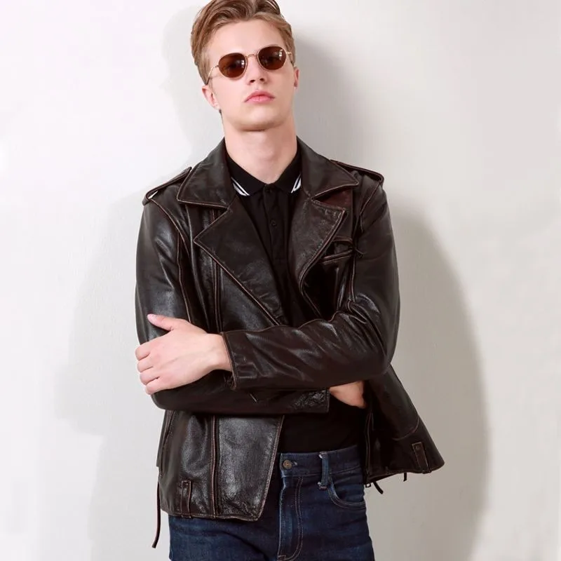 Новинка осенняя мотоциклетная куртка из натуральной коровьей кожи мужская