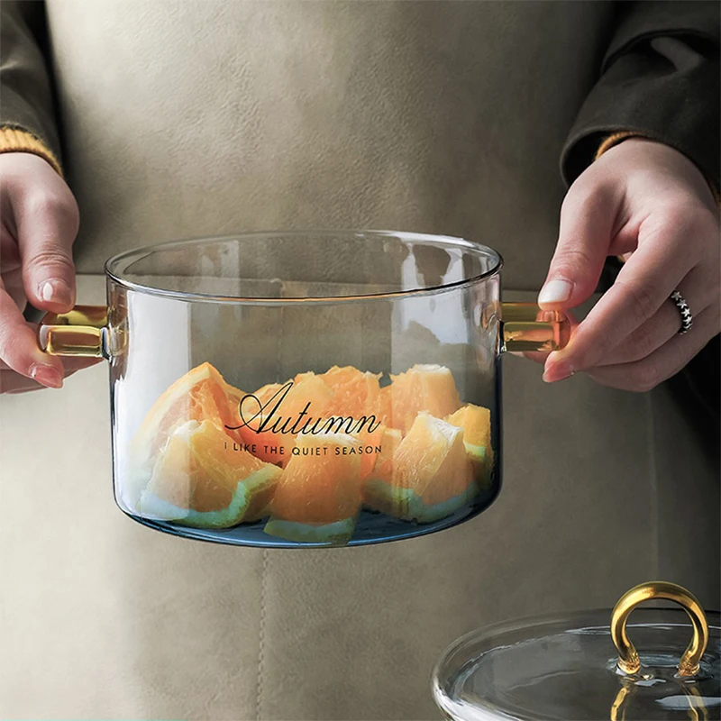 Стеклянная кастрюля RHE градиентного цвета синяя с крышкой термостойкая