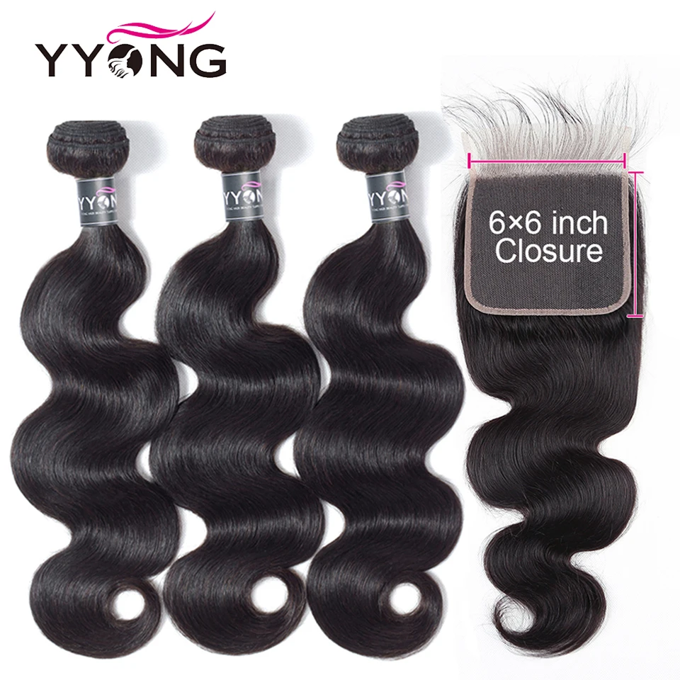 

Yyong 4X4 & 6X6 Closure With Bundles 3 Bundles Malaysian Body Wave With 6x6 Lace Closure, Remy Human Hair Bundles With Closure