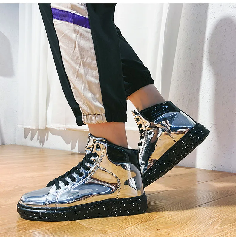 Sooneeya High Top Patent Leather Casual Shoes Men Glitter Luxury Boots Male Driving Shoes Brand Designer Bling Leather Shoes