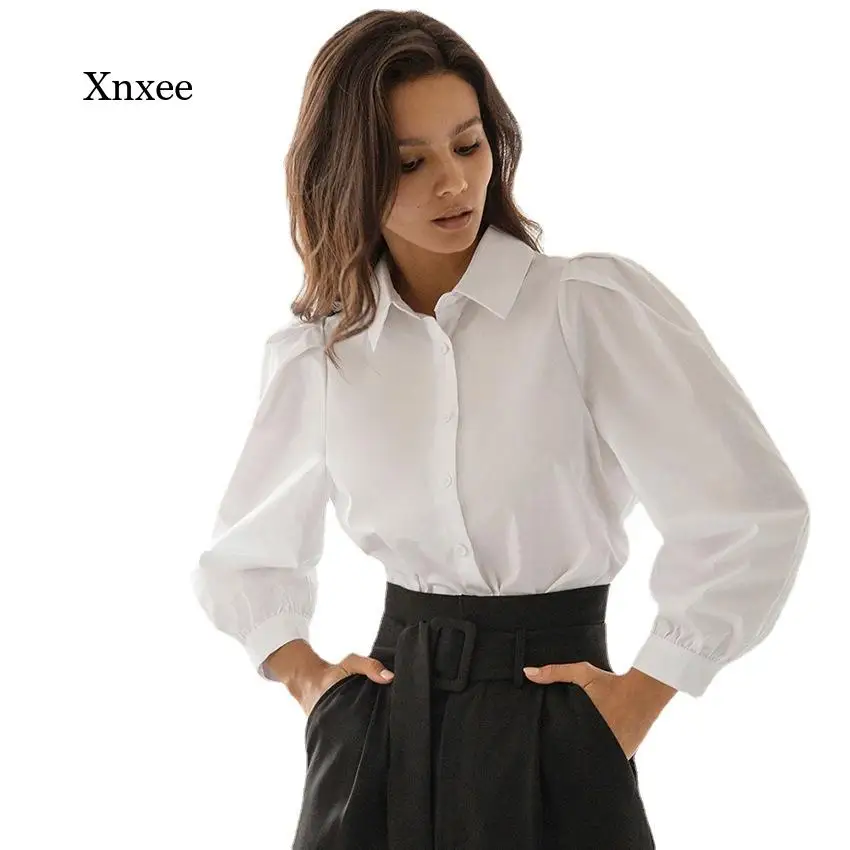 Женская трикотажная рубашка с отложным воротником длинным рукавом-фонариком