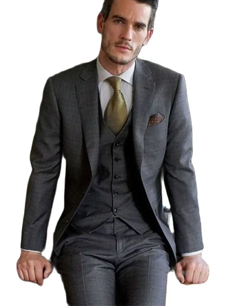 

2022 Latest Designs Dark Grey Coat Pants Men Suits Sets Slim Fit 3Pcs Tuxedo Groom Notched Lapel Blazer Trousers Party Costume