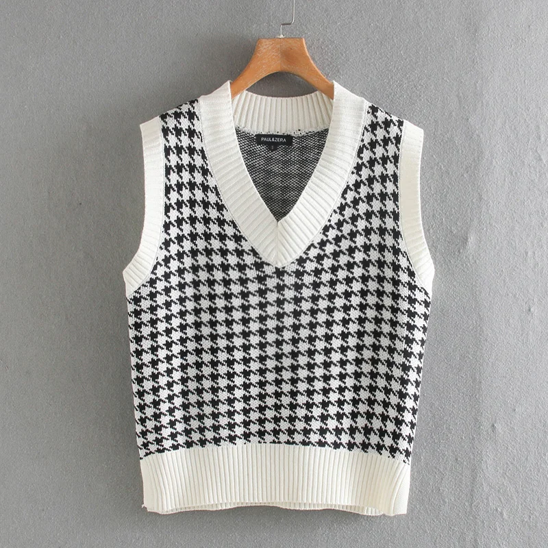 

women 2021 fashion oversized knitted vest sweater V neck sleeveless houndstooth loose female waistcoat chic tops cardigan women