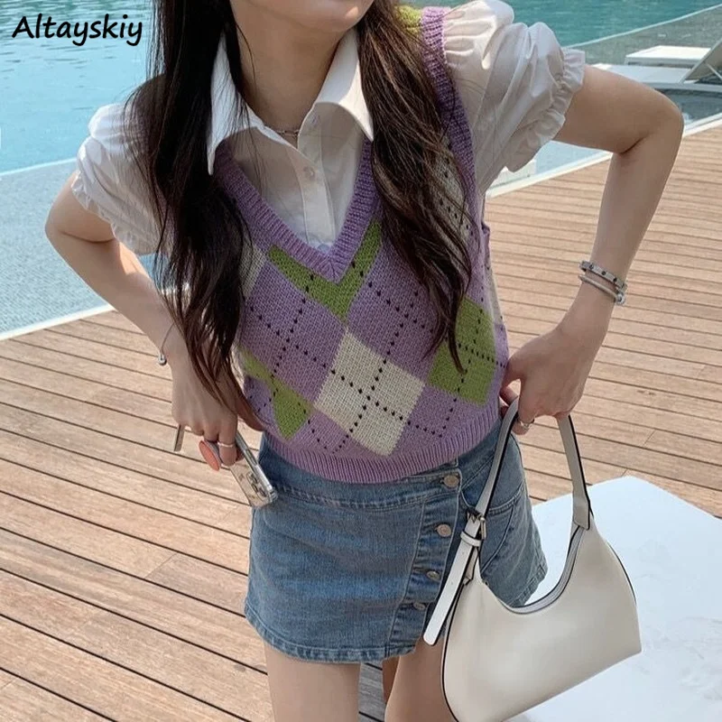 

Purple Short Style Sweater Vest Women V-neck Argyle Gentle Sweet Preppy Knitwear Korean Ulzzang All-match Sleeveless Outwear Ins