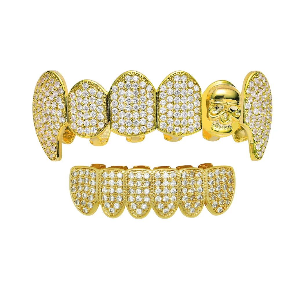 

Hip Hop Grillz Iced Out CZ Fang Mouth Teeth Grills Caps Skeleton Top Bottom Tooth Set Men Women Vampire Grills Fashion Jewelry