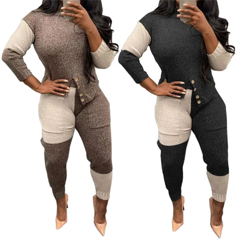 

WUHE Spring Winter Ribbed Patchwork Two 2 Piece Set Sweater and Pants Suit Active Knitted Sweatsuit Women Outfits Tracksuits