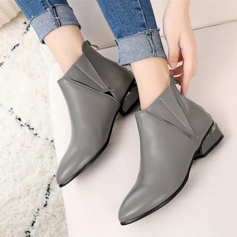 

TIMETANG Fashion Autumn Winter Genuine Leather Women Ankle Boots Pointed Toe Zipper Thick High Heels Boots Ladies Shoes