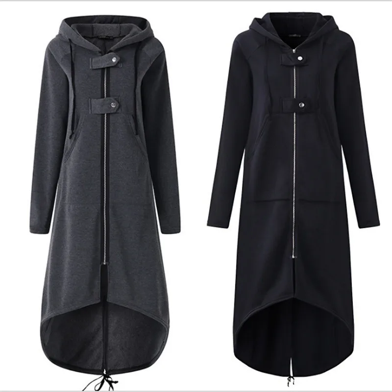 Autumn Hooded Long Sleeve Zip Sweatshirt Hoodies Coat Women Solid Long Jacket Irregular Hem Black Outwear Plus Size