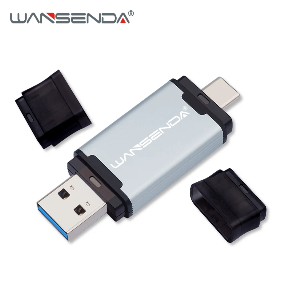 Серебристый Горячая WANSENDA, 2 в 1, TYPE-C, USB 3,0, USB флеш-накопитель, металлический флеш-накопитель, 16 ГБ, 32 ГБ, 64 ГБ, 128 ГБ, 256 ГБ, 512 ГБ, флеш-накопитель, USB флешка - Цвет: Серебристый