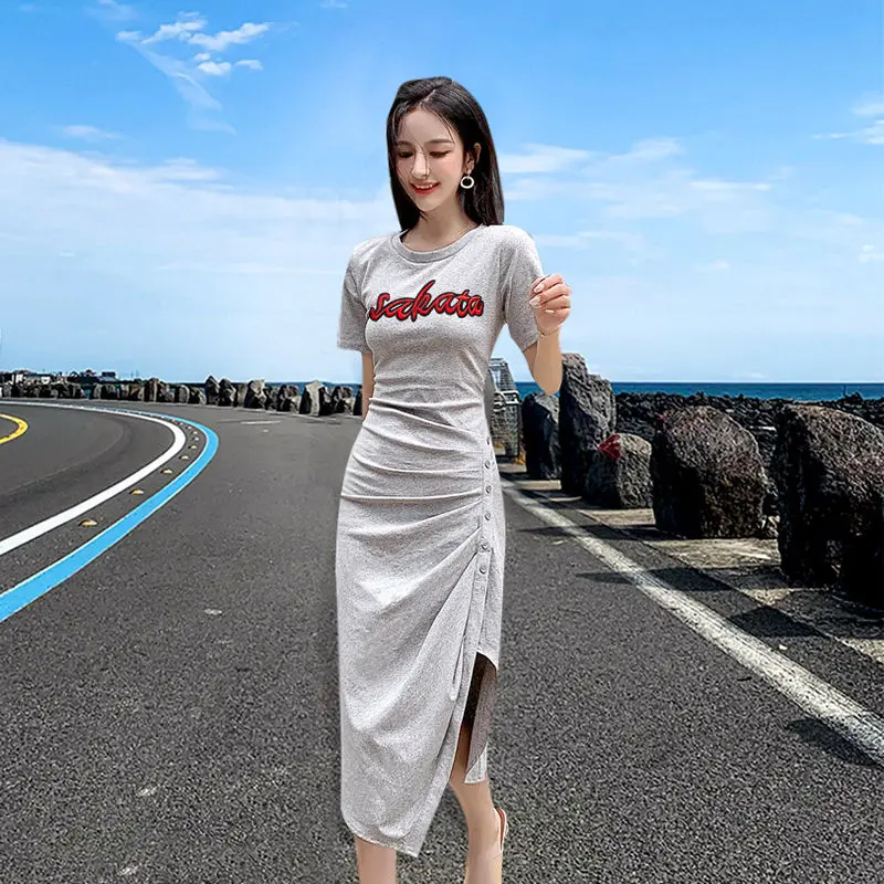 

Waist pleated dress summer new Korean version of printed fashion temperament slim slim short sleeve long skirt trendy women