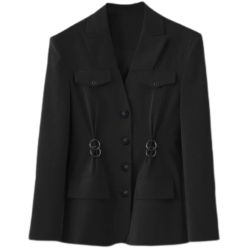 

DEAT Women Black Pockets Single Breasted Metal Ring Blazer New Notched Long Sleeve Slim Jacket Fashion Tide Summer 2021 7E127
