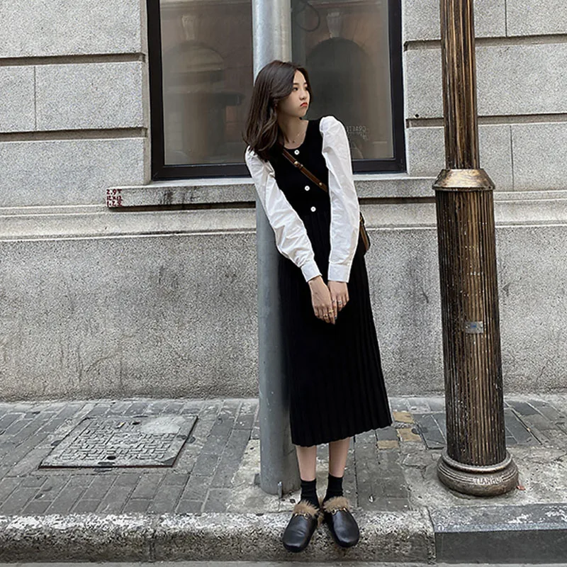 

One-Piece Woman Pleated Dress Korean Long Sleeve Knitted Sweater Dress Lady 2020 Women Spring Autumn Women Sweater Knitt Dress