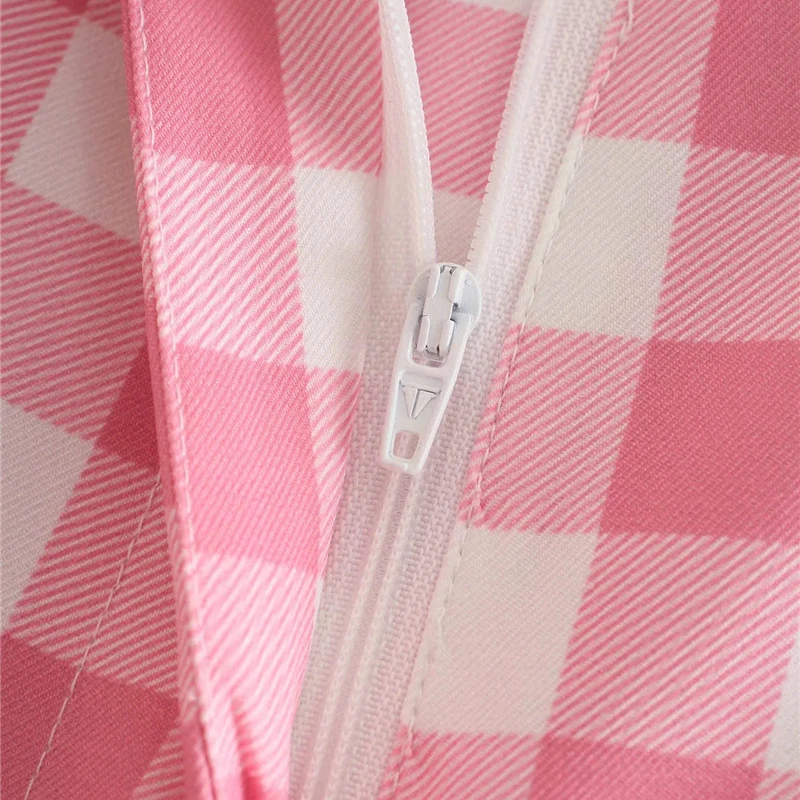 

Women Summer High Waist Zipper Straight Chic Pants 2021 Female Fashion Pink Plaid Suit Cotton Sweet College Style Long Trousers