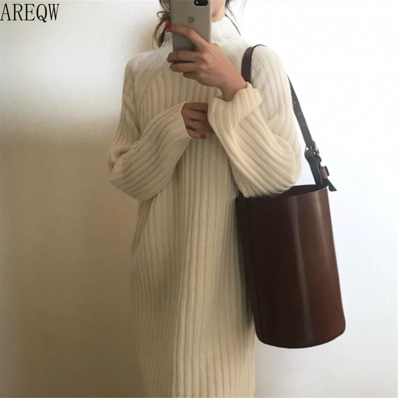 Женский зимний длинный свитер платья пуловер водолазка вязанный Vestidos свободный