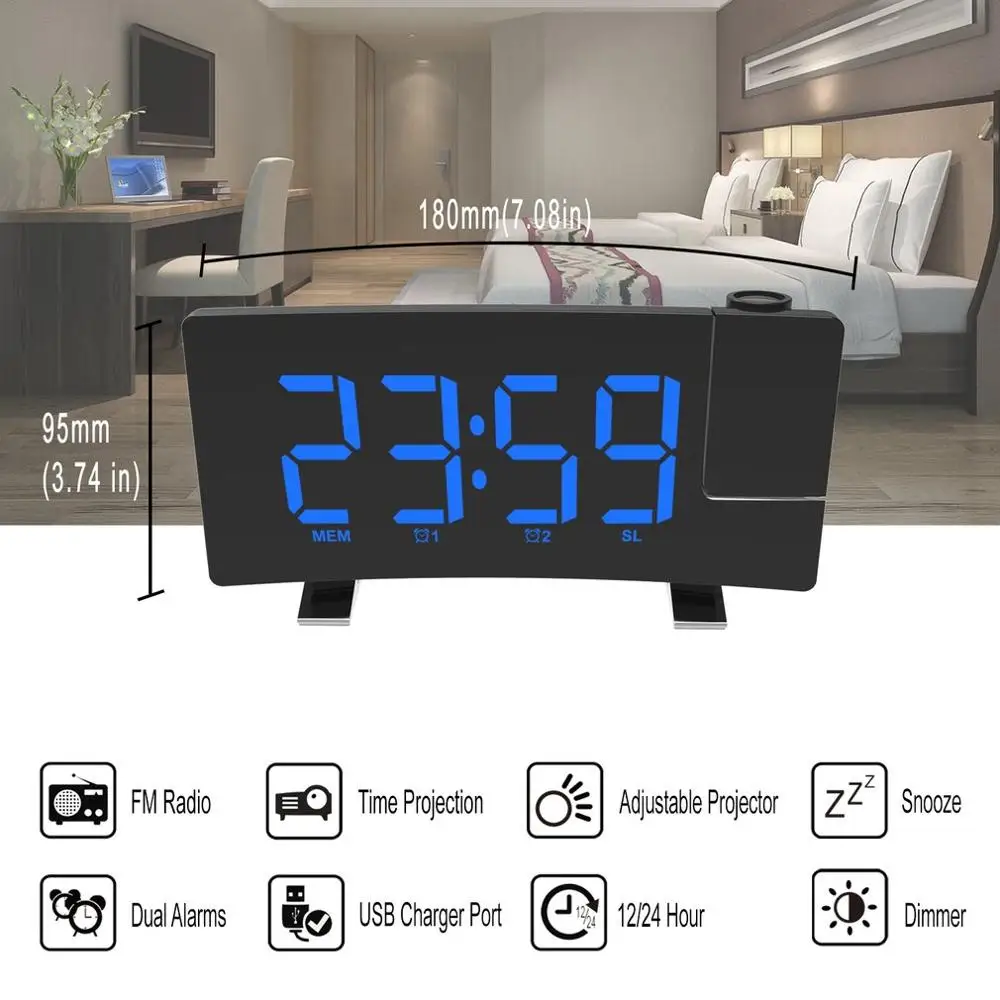 

Projection Alarm Clock Digital Date Snooze Function Backlight Rotatable Wake Up Projector Multifunctional Led Clock Fast Ship