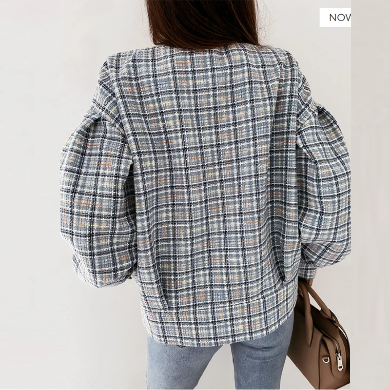 

Elegant Single-Breasted Cardigan Outwear Tops Spring Casual Long Sleeve Ladies Coats 2021 Fashion Women Plaid Jackets Streetwear