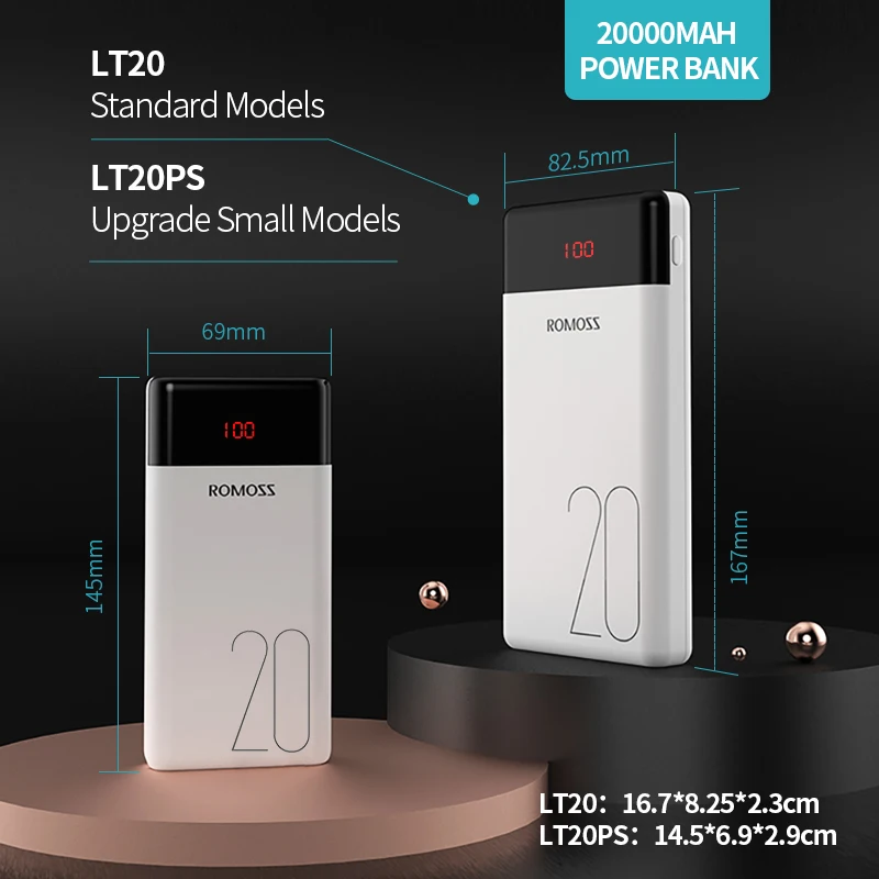 Внешний аккумулятор ROMOSS LT20 ёмкость 20000мАч 2 выходных порта USB LED дисплей подойдёт