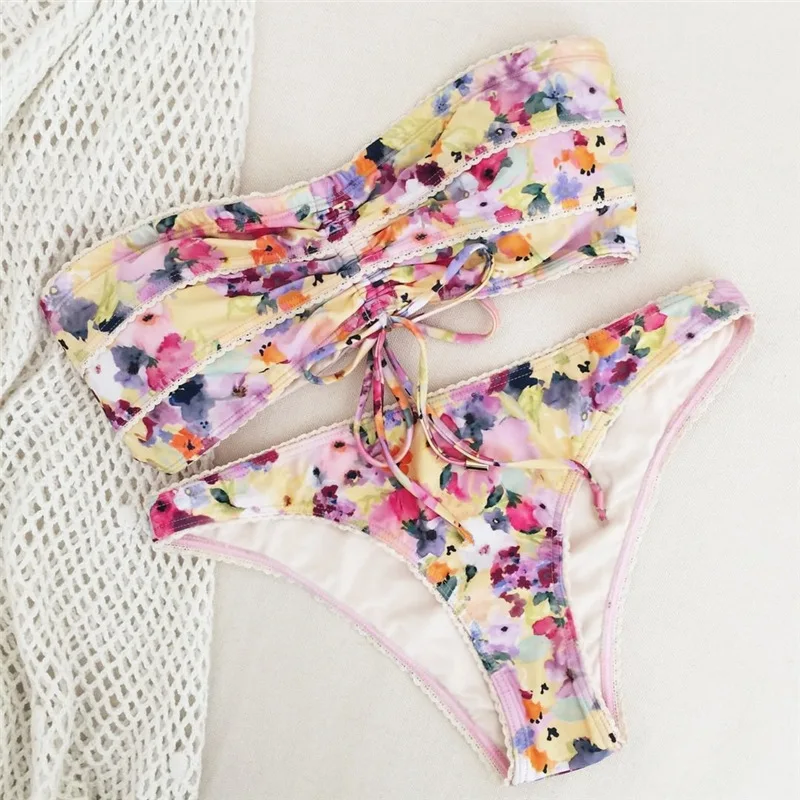 

Sexy 2021 Bikini Swimsuit Women Swimwear Push Up Bikinis Set Tube Lace Top Floral Female Swimming Suits for Bathing Suit 2 Piece