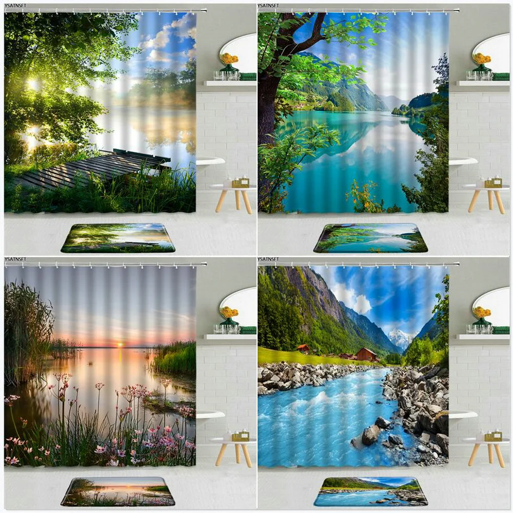 

2Pcs Forest Wooden Bridge Lake Landscape Shower Curtain Flower Sunset River Fabric Non-Slip Bath Mat Bathroom Curtains Decor Set