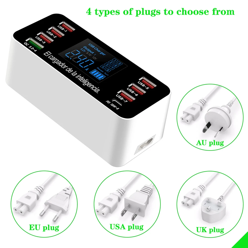 

Quick Charge PD60W Smart Charger Station Dock 8 Ports 60W Fast Charging with LCD Digital Display