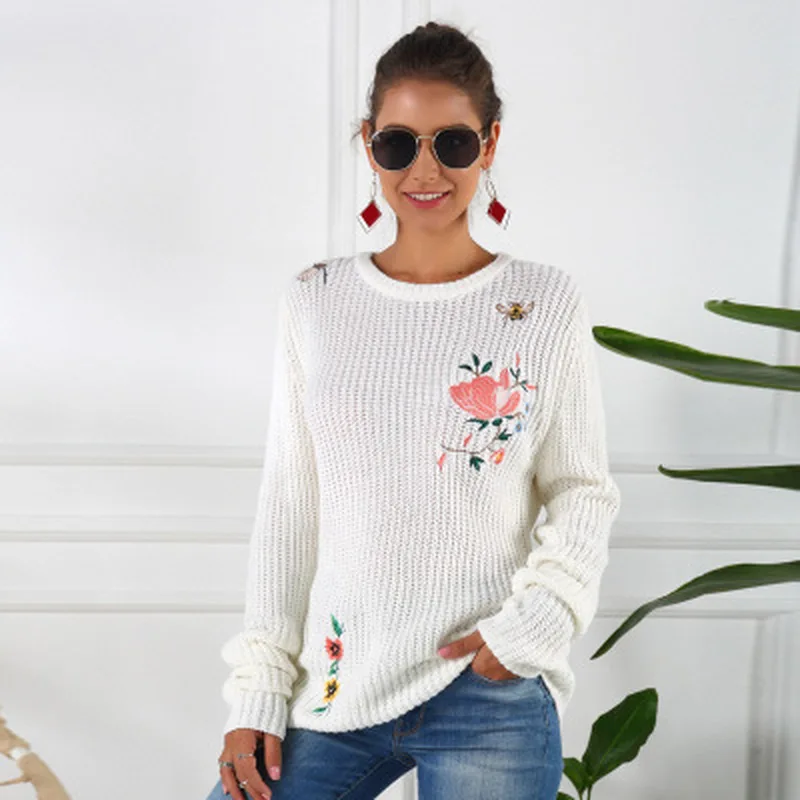 Autumn winter fashion animal embroidery knitted sweater women slim cute pullover ladies kawaii sweaters long sleeve tops warm | Женская