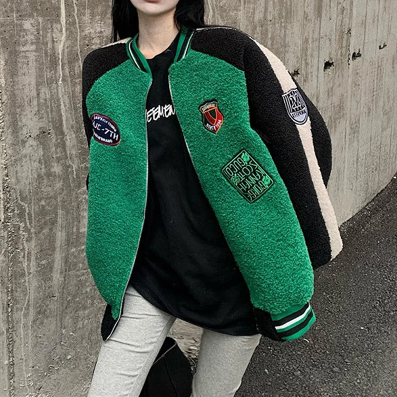 

Y2K Color Block Lamb Wool Winter Clothes Women Jackets Chic Vintage Embroidery Fashion Korean Coats Oversized Zip Up Streetwear