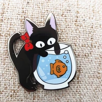 funny gigi and fish hard enamel pin cute cartoon kikis delivery services black cat badge jacket jeans brooch accessories