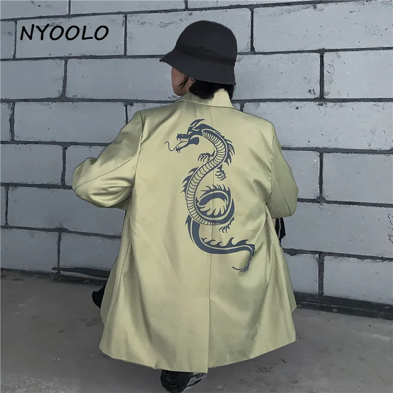 NYOOLO Harajuku Винтажная с драконом принт женский костюм с карманами Осенняя уличная одежда с длинным рукавом однобортное пальто женская мужская одежда верхняя одежда