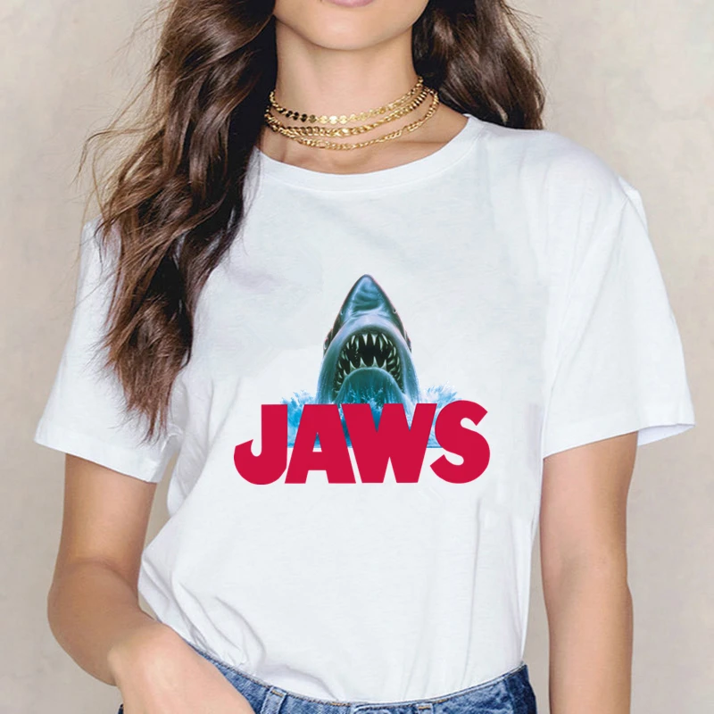 Jaws Movie Vintage Poster T-shirt Casual Cute Print T Shirt Summer Harajuku O Neck Short Sleeved Japanese Anime Top Tees | Женская