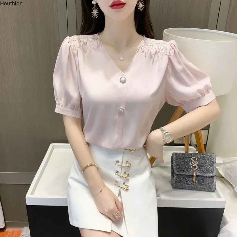 

Chiffon Slim Women Blouses Solid Color Two Buttons New Casual Blouse V-neck Pullover Shirt Fashion Short Sleeve Top Summer