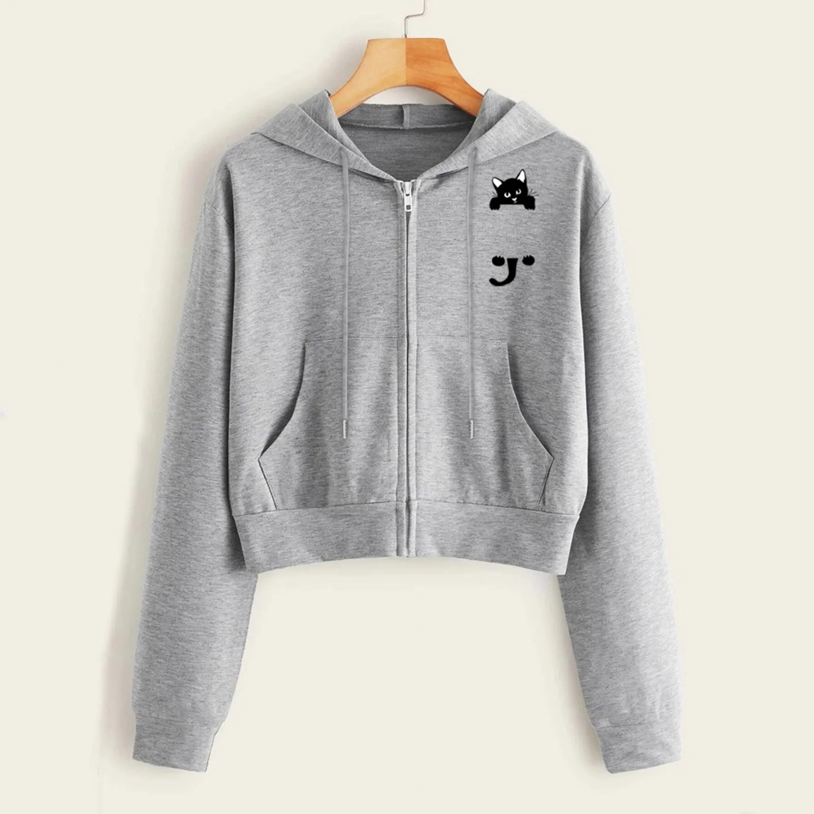 Hoodie Women Cropped Hoodies Sweatshirt Streetwear Women Casual Solid Long Sleeve Zipper Pocket Shirt Hooded Sweatshirt Tops