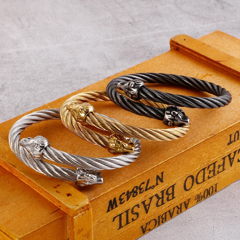 

Hip Hop Punk Bracelet Jewelry Wholesale Trendy Stainless Steel Men's Bracelet Lion Bracelet Titanium Steel Wire Bracelet Couple