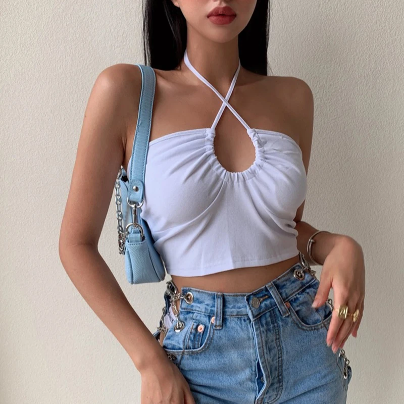 

Y2k 6 Color White Low-cut Shirring Halter Camisole Tank Summer Backless Corset Crop Tops Bustier Tube Indie Cute Cami Women 2021