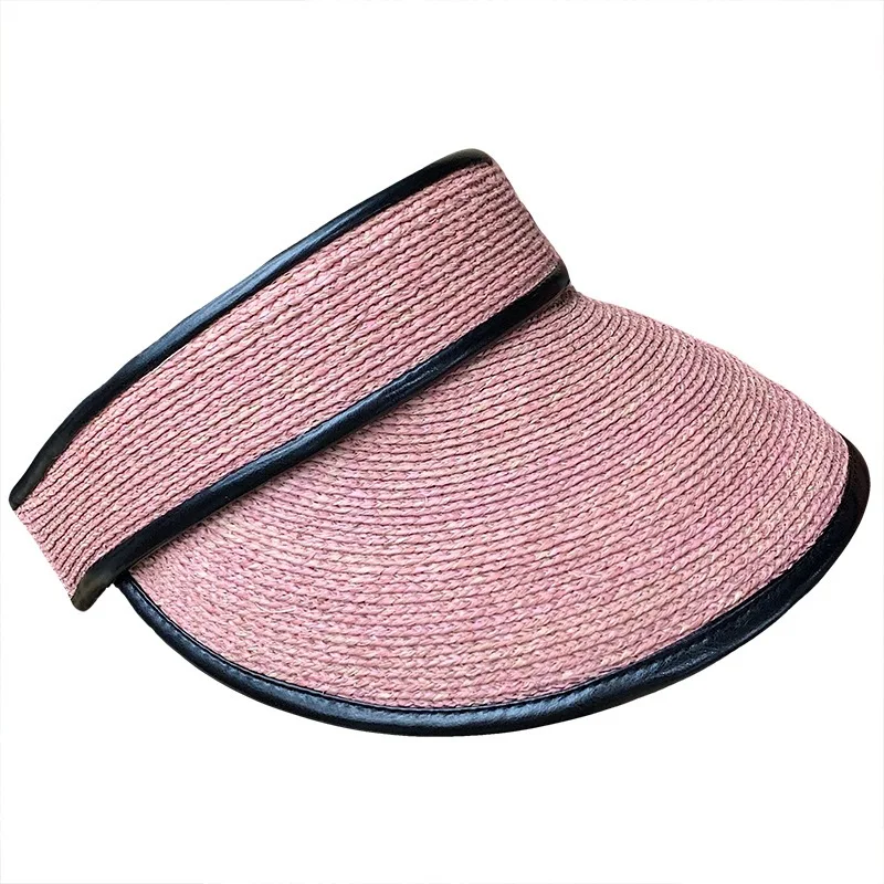 

Personality Simplicity Natural Raffia Straw Handmade Empty Top Hat Female Spring Summer Sun Hat PU Leather Decoration Adjustable