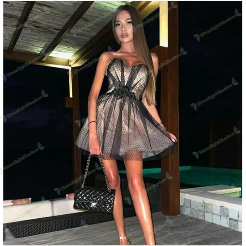 

2021 New Design Black Dotted Tulle A Line Prom Dresses Sweetheart Above Length Formal Party Gowns robes de cocktail