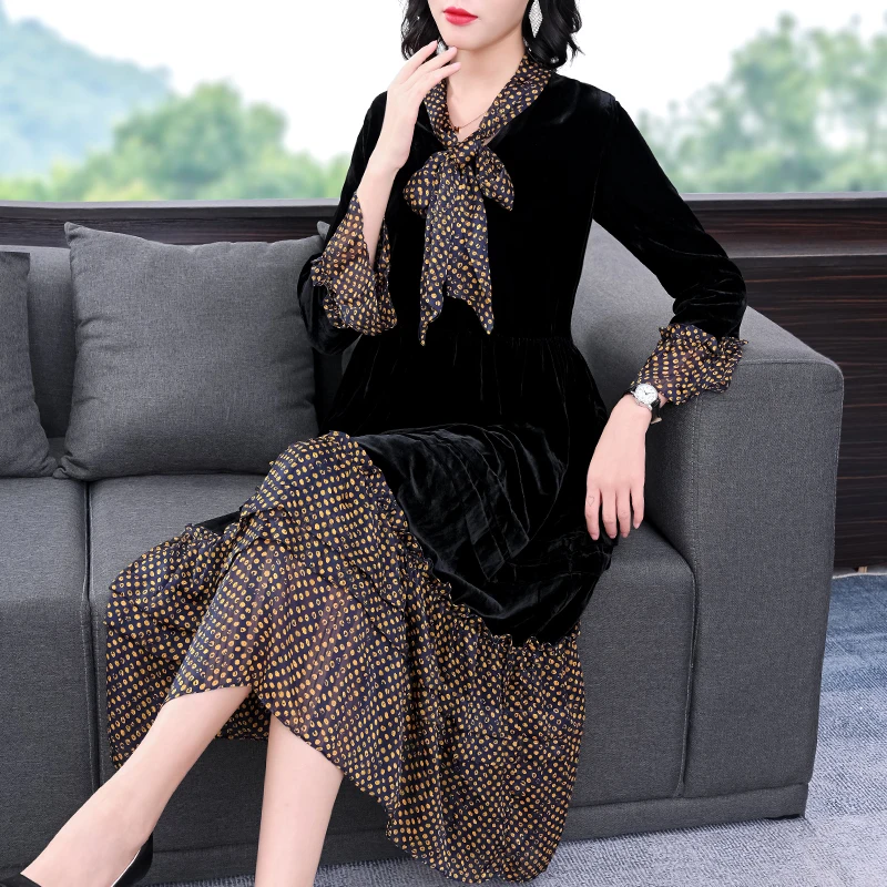 Элегантное черное бархатное платье миди в горошек шифоновое лоскутное винтажное