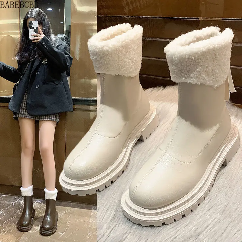 

2021 New Winter Snow Boots Women Lamb Wool Martens Fleece-Lined Warm Slugged Bottom Height Increasing Ankle Boots Bootleg Shaggy